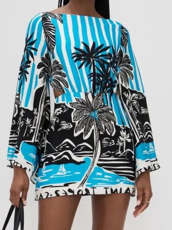 Seven Wonders Dresses & Skirts - Tropical Palm Print Mini Dress in Bright Blue & Black